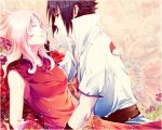  1boy 1girl artist_request black_hair couple flower haruno_sakura hetero incipient_kiss lips naruto pink_hair red_rose rose uchiha_sasuke 