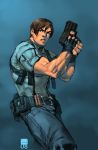  belt brown_hair capcom david_grier fingerless_gloves gloves gun handgun jeans leon_s_kennedy male muscle pouches realistic resident_evil resident_evil_4 short_hair solo t-shirt weapon 