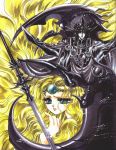  1girl 90s armor blonde_hair circlet clamp cloak closed_eyes emeraude_(rayearth) eyes_closed green_eyes long_hair magic_knight_rayearth monochrome official_art scan smile sword very_long_hair weapon zagato 