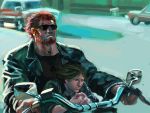  90s bad_id beard black_hair car command_spell facial_hair fate/stay_night fate/zero fate_(series) green_hair jacket john_connor leather_jacket male manly motor_vehicle motorcycle multiple_boys oldschool parody realistic red_hair rider_(fate/zero) street sunglasses t-800 terminator towani_kayui vehicle waver_velvet 