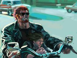  90s bad_id beard black_hair car command_spell facial_hair fate/stay_night fate/zero fate_(series) green_hair jacket john_connor leather_jacket male manly motor_vehicle motorcycle multiple_boys oldschool parody realistic red_hair rider_(fate/zero) street sunglasses t-800 terminator towani_kayui vehicle waver_velvet 