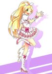  1girl ;d blonde_hair boots bow cure_rhythm dress female frills green_eyes gyuniku hairband happy heart highres long_hair magical_girl minamino_kanade open_mouth precure puffy_sleeves ribbon smile solo standing_on_one_leg suite_precure wink wrist_cuffs 