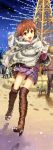  :d andou_chikanori boots brown_eyes brown_hair dog footprints gloves hagiwara_yukiho high_heels highres idolmaster knee_boots open_mouth plaid plaid_skirt pleated_skirt shoes short_hair skirt sky smile snow snowing solo 