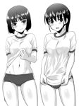  bangs blunt_bangs blush breasts buruma etou_toshiko gym_uniform kitagou_fumika kyogoku_shin kyougoku_shin large_breasts looking_at_viewer midriff monochrome multiple_girls navel ponytail shirt_lift shirt_tug shy smile strike_witches sweatdrop 