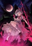  ascot bat_wings blue_hair building card dress fangs flying hat highres holding holding_card kneehighs loafers magic_circle moon nail_polish nanahara_fuyuki night night_sky red_eyes remilia_scarlet revision shoes short_hair silhouette sky slip_skirt slit_pupils solo spear_the_gungnir touhou white_legwear wings wrist_cuffs wristband 