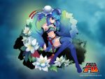 blue_eyes blue_hair blue_legwear boots bun_cover character_request detached_sleeves dress fists_of_fu flower hair_bun highres logo midriff navel payot short_hair sitting smile solo thigh-highs thigh_boots thighhighs title_drop twintails wallpaper 