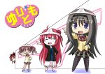  4girls ^_^ akaza_akane akemi_homura artist_request black_hair black_legwear brown_eyes brown_hair chibi closed_eyes crossover hand_on_hip long_hair mahou_shoujo_madoka_magica multiple_girls naruse_mahi object_on_head open_mouth panties panties_on_head pantyhose peeking_out pointing ponytail pose purple_eyes red_eyes red_hair sakura_kyouko shirai_kuroko short_twintails skirt smile to_aru_kagaku_no_railgun to_aru_majutsu_no_index twintails underwear yuru_yuri 