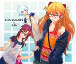  ayanami_rei bespectacled blonde_hair blue_eyes blue_hair boyaking casual glasses long_hair makinami_mari_illustrious multiple_girls neon_genesis_evangelion rebuild_of_evangelion red_eyes red_hair redhead short_hair smile soryu_asuka_langley souryuu_asuka_langley 