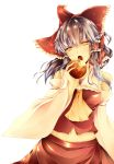  apple ascot bow detached_sleeves food fruit hair_bow hair_tubes hakurei_reimu holding holding_apple holding_fruit long_sleeves midriff navel open_mouth otogi_kyouka shirt silver_hair skirt skirt_set solo touhou yellow_eyes 