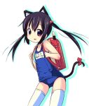  animal_ears backpack bad_id bag black_hair cat_ears instrument k-on! long_hair nakano_azusa one-piece_swimsuit randoseru recorder red_eyes school_swimsuit solo swimsuit tail tamaran thighhighs twintails young 