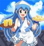  blue_hair dress drink fried_rice glass hat ikamusume long_hair shinryaku!_ikamusume shrimp tennen_shiori tentacle_hair tray 