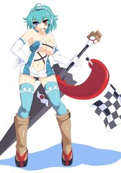  blue_eyes blue_hair blue_legwear boots elbow_gloves gloves heterochromia racequeen red_eyes tatara_kogasa thigh-highs tongue tongue_out touhou umbrella wontam 