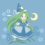  bad_id capelet chibi dress ghost ghost_tail green_eyes green_hair hat long_hair mima ribbon sakura_(cornelia) smile solo staff touhou touhou_(pc-98) wizard_hat 