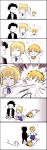  2boys ^_^ ahoge backhand black_hair blonde_hair chibi closed_eyes comic drink eating eyes_closed fate/stay_night fate/zero fate_(series) futaba_hazuki gilgamesh highres lancer_(fate/zero) mole multiple_boys punching saber translation_request 