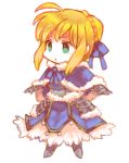  adapted_costume ahoge armor blonde_hair capelet chibi dress fate/stay_night fate_(series) gauntlets green_eyes hac hair_ribbon hashiko_(pecopom) lowres ribbon saber solo 