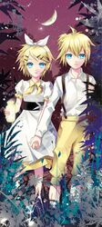  1girl aqua_eyes blonde_hair brother_and_sister cocoon_(loveririn) hand_holding holding_hands kagamine_len kagamine_rin night short_hair shorts siblings song_request suspenders twins vocaloid 