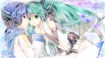  blue_hair breasts center_opening green_eyes green_hair hachimitsu_(127032) hatsune_miku hatsune_miku_(append) headphones highres kaito long_hair magnet_(vocaloid) miku_append necktie scarf twintails very_long_hair vocaloid vocaloid_append 