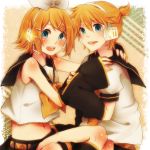  1girl blonde_hair blue_eyes brother_and_sister chizu_(fiute) fiute hair_ornament hair_ribbon hairclip headphones headset kagamine_len kagamine_rin open_mouth ribbon short_hair siblings smile twins vocaloid 