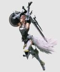  absurdres armor armpits boots breastplate elbow_gloves feathers final_fantasy final_fantasy_xiii final_fantasy_xiii-2 gloves gunblade highres lightning_farron long_hair official_art pink_hair shield simple_background solo sword thigh-highs thighhighs thighs weapon 