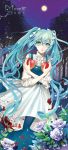  apple aqua_eyes aqua_hair blood cocoon_(loveririn) dress food fruit hair_ribbon hatsune_miku holding holding_apple holding_fruit long_hair moonlit_bear_(vocaloid) night ribbon solo twintails very_long_hair vocaloid 