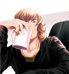  barnaby_brooks_jr blonde_hair chair cup drink glasses green_eyes jewelry long_sleeves male mug necklace ocu83 solo tiger_&amp;_bunny 