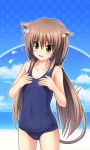  bad_id beach brown_hair cat_ears cat_tail fang flat_chest green_eyes long_hair moyashi_(mart) one-piece_swimsuit original school_swimsuit swimsuit tail 