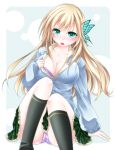  bad_id blonde_hair boku_wa_tomodachi_ga_sukunai breasts butterfly_hair_ornament cardigan cleavage green_eyes hair_ornament kashiwazaki_sena large_breasts long_hair mikami_sasara open_mouth panties pantyshot pantyshot_(sitting) pantyshot_sitting plaid plaid_skirt pleated_skirt purple_panties school_uniform sitting skirt solo underwear 