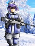  1girl adapted_costume ai_awm coat five-seven gloves gun hat lavender_hair letty_whiterock rifle scarf short_hair sniper_rifle snow touhou weapon 