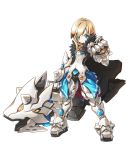  aqua_eyes armor blonde_hair boots cape chung clenched_hand elsword fist full_armor gloves greaves huge_weapon male no_nose official_art ress serious solo weapon white_background 