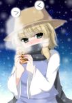  blonde_hair blush cup dress green_hair masiromu moriya_suwako pyonta scarf snow steam touhou 
