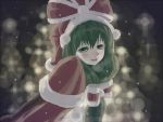  bow capelet christmas dress elbow_gloves front_ponytail gloves green_eyes green_hair hair_bow hair_ribbon hat kagiyama_hina looyen ribbon santa_hat snow solo touhou 