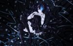  bed black_hair black_rock_shooter black_rock_shooter_(character) blue_eyes dress fire parody solo thigh-highs twintails vocaloid world_is_mine_(vocaloid) 