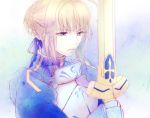  ahoge armor blonde_hair blue_eyes dress excalibur fate/stay_night fate_(series) gauntlets hair_ribbon nanatsu_maka ribbon saber solo sword weapon 