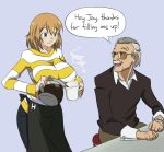  1boy 1girl adult apron breasts brown_hair coffee cup drawfag english facial_hair genderswap green_eyes grey_hair heroman jewelry joey_jones large_breasts mustache old_man pouring ring stan_lee striped striped_sweater sunglasses sweater watch 