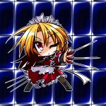  blonde_hair chibi dress hair_ornament hemogurobin_a1c long_hair maid maid_headdress red_eyes solo sword touhou touhou_(pc-98) weapon wink yumeko 