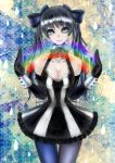  akubi_(fyfy) black_hair blue_eyes breasts cleavage dress elbow_gloves gloves hatsune_miku long_hair mismatched_legwear panthose pantyhose rainbow skirt smile solo striped twintails vocaloid 