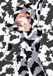  animal_costume animal_ears arm_up blue_eyes bodysuit breasts copyright_request cow_costume cow_ears cow_print cow_tail hood horn open_mouth pierre_yoshio red_hair redhead solo tail wink yawning 