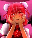  bun_cover double_bun flower hands_on_own_cheeks hands_on_own_face ibara_kasen ibaraki_kasen mirai_nikki open_mouth pink_eyes pink_hair red_rose rose short_hair solo touhou tsuan yandere_trance 