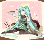  ahoge aqua_hair bracelet closed_eyes doughnut dress eating eyes_closed food fork hatsune_miku highres jewelry long_hair nasudora no_shoes pancake pantyhose plate pocky scrunchie sitting solo striped sweets twintails vertical-striped_legwear vertical_stripes very_long_hair vocaloid 