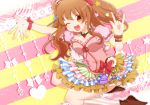  1girl \m/ blush bow breasts brown_hair cleavage collarbone doughnut food food_as_clothes food_themed_clothes fruit hair_ornament heart highres idolmaster idolmaster_cinderella_girls long_hair moroboshi_kirari open_mouth solo star strawberry twintails very_long_hair wink yellow_eyes 