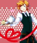  6-k-i-7 archer_(fate/extra) blue_eyes brown_hair fate/extra fate/stay_night fate_(series) hair_ornament hair_over_one_eye hairclip heart heart_of_string male necktie red_hair redhead short_hair solo teapot vest waistcoat waiter wink 