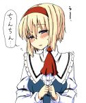  alice_margatroid ascot blonde_hair blue_eyes blush bust capelet dress hairband lace short_hair simple_background solo sweatdrop touhou translated uro white_background 
