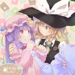  :o alternate_eye_color aqua_eyes blush bow braid carrying cloak dress hat hat_bow highres kirisame_marisa kuroba looking_at_another multiple_girls patchouli_knowledge polka_dot polka_dot_background polka_dot_dress princess_carry purple_eyes side_braid star touhou yuri 