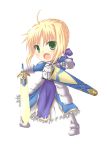  armor blonde_hair chibi excalibur fate/stay_night fate_(series) gauntlets green_eyes highres kuena saber sword weapon 