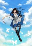  2011 absurdres alice:_madness_returns alice_(wonderland) alice_in_wonderland american_mcgee's_alice blood boots brown_hair cloud dated dress green_eyes highres jupiter_symbol knee_boots knife long_hair omega_symbol pantyhose smile solo striped striped_legwear uranus_symbol zhenzi0111 