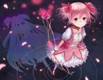  bow bow_(weapon) bubble_skirt different_shadow dual_persona flower goddess_madoka hair_bow kaname_madoka long_hair magical_girl mahou_shoujo_madoka_magica petals pink_hair pink_rose red_eyes rose rose_petals shadow sheep_sleep short_hair short_twintails smile solo spoilers twintails two_side_up ultimate_madoka weapon 