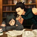  ahoge bangs black_hair book closed_eyes eyes_closed fate/stay_night fate/zero fate_(series) hair_grab lancer_(fate/zero) library long_hair male mole multiple_boys ninesounds paper parted_bangs short_hair sleeping smile waver_velvet yellow_eyes 