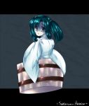  bucket girl_in_bucket green_eyes green_hair hair_bobbles hair_ornament in_bucket in_container japanese_clothes kimono kisume letterboxed looking_back mkz pale_skin solo title_drop touhou twintails wide_sleeves yukata 