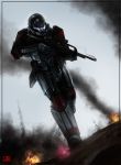  assault_rifle battlefield explosion gun halo_(game) helmet highres odst rifle sharpwriter smoke smoking_gun solo weapon 