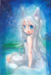  1girl animal_ears bare_shoulders blue_eyes bow dress hair_bow long_hair looking_at_viewer mosho open_mouth original signature sitting solo tail traditional_media water watercolor_(medium) white_dress white_hair 